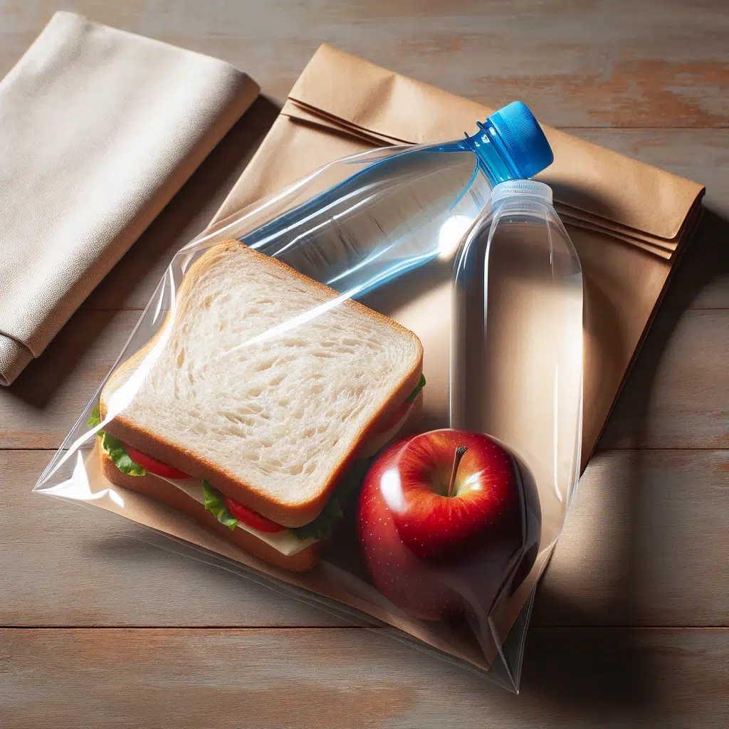 Dall·e 2024 05 29 09.27.03 A Photo Of A Sandwich A Bottle Of Water And A Fruit Inside A Clear Plastic Bag. The Sandwich Is Wrapped In Wax Paper The Water Bottle Is Transparen